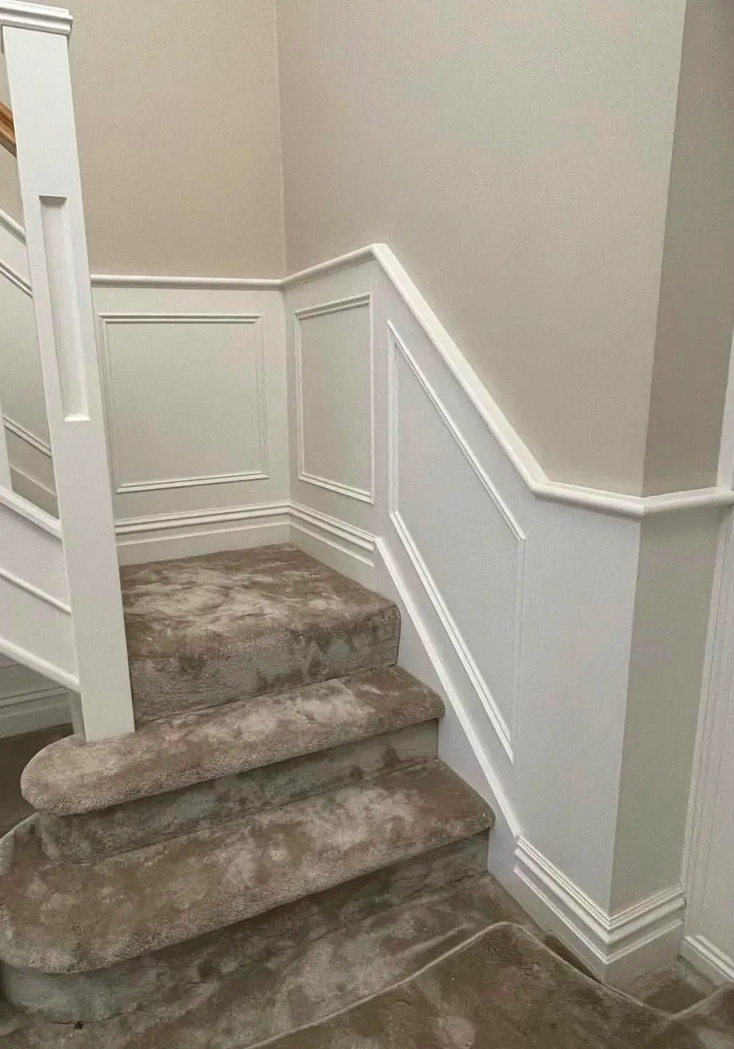 White raised-panel wainscot turning the corner at a winder, its capping rail stepping down with the flight and returning level along the adjoining wall above a moulded skirting.